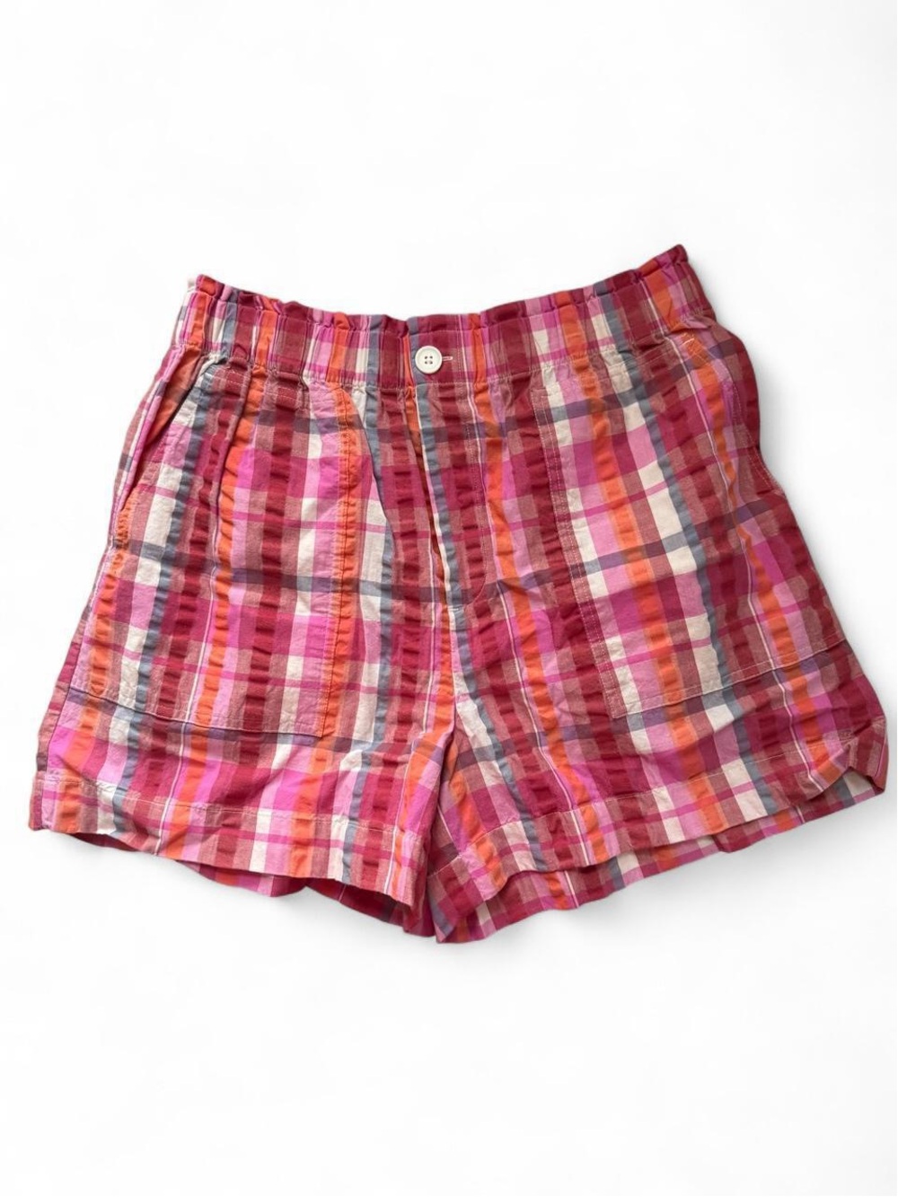 LOFT Pink & Orange Plaid High-Waist Shorts